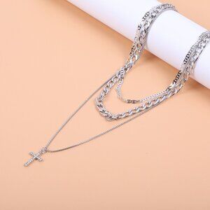 Silver Layered Chain Necklace Cross Pendant Choker Statement Fashion Jewelry